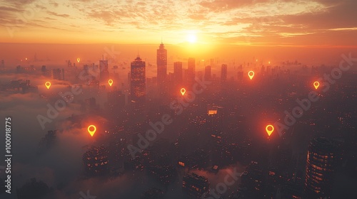 A vast 3D city network with floating location markers, each connected, stretching toward a foggy horizon