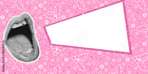 Halftone female talking mouth with rupor speech bubble on pink Christmas doodle elements background.  Use for ads, promotions, greeting and more for New Year and Christmas holidays. photo