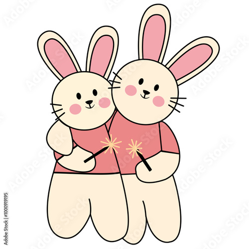 Vector illustration of flat cartoon character cute bunny rabbit hare couple holding sparklers  fireworks celebrating new year eve