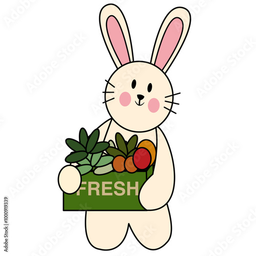 Vector illustration of flat cartoon character cute bunny rabbit hare bringing a box full of fresh fruit and vegetable from market