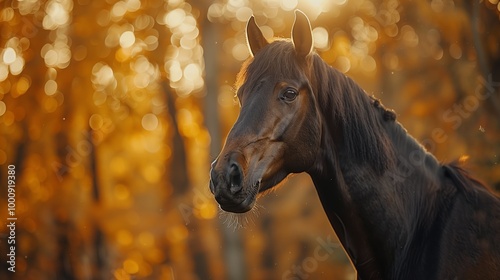 portrait of an Arabian horse, beautiful sunset light, blurred background with trees photo