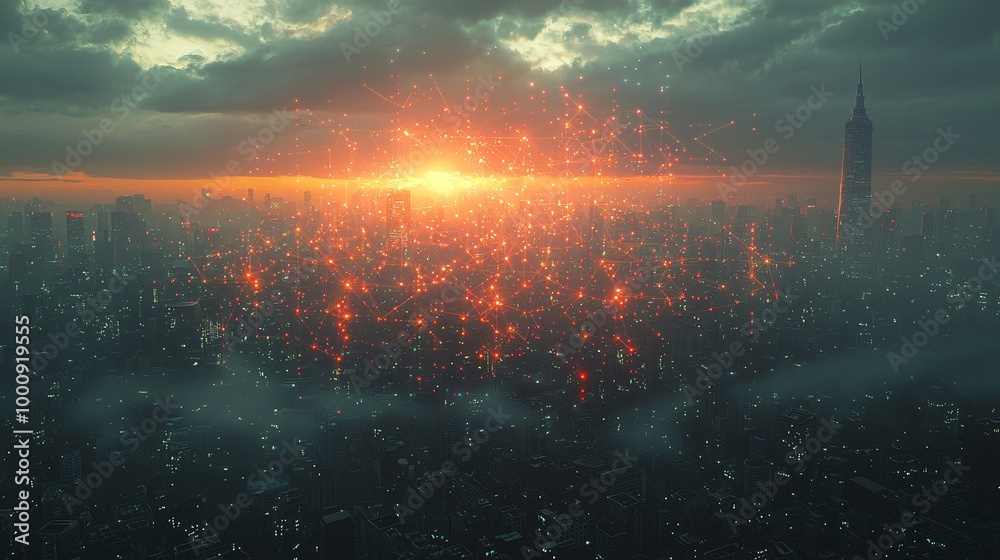 Obraz premium A large conceptual rendering of a city network with abstract, connected location pins, under a cloudy sky