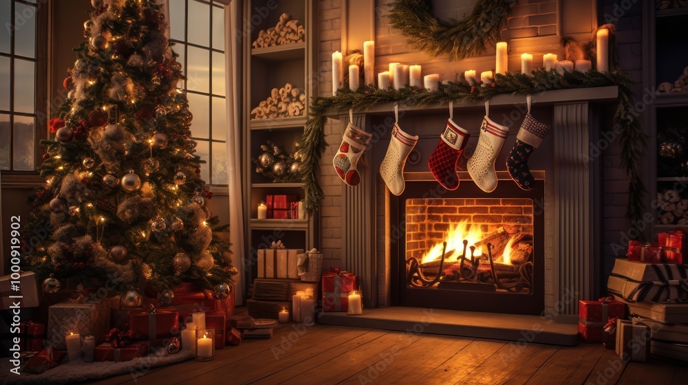 Cozy Christmas Fireplace with Decorated Tree Cozy Christmas Fireplace with Decorated Tree