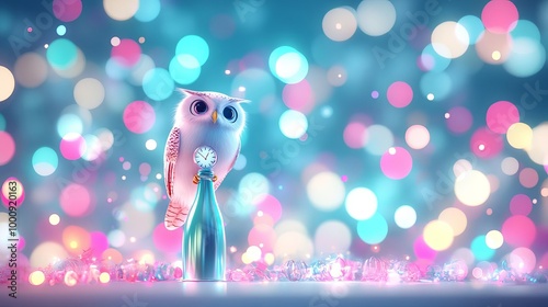 A smart owl perched on a champagne bottle, holding a tiny clock showing midnight, with a vibrant party background and ample space for copy