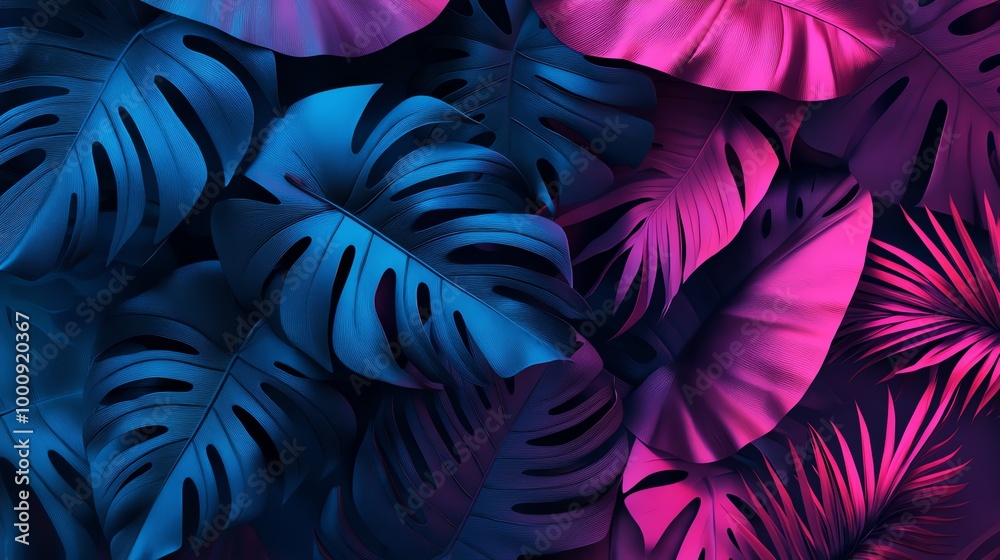 Tropical leaves in blue and pink neon lighting. Tropical leaves in blue and pink neon lighting.