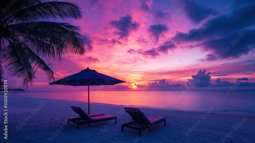 Naklejka premium Lovely tropical sunset view with two sun loungers, an umbrella, and palm trees. White sand, a vivid twilight sky, a view of the sea and the horizon, serenity and relaxation. Awe-inspiring beach resort