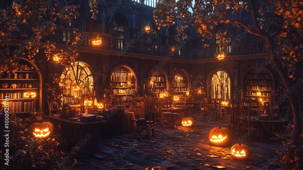 Obraz premium An enchanting library is beautifully decorated for Halloween, featuring numerous carved jack-o'-lanterns emitting a warm, eerie glow. The space is dimly lit, with the orange light of the pumpkins enha