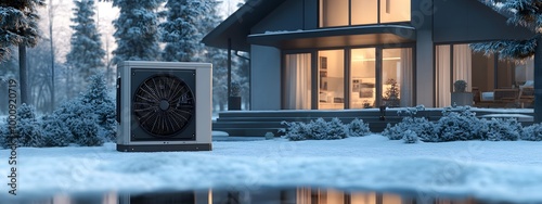 The air source heat pump is placed in front of the house, in a winter scene photo