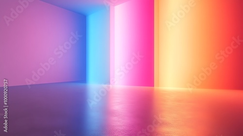 A minimalist room with colorful neon lights.