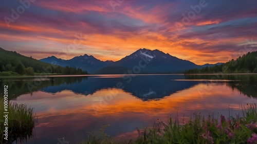 Beautiful sunset over the lake with mountains in the background, showcasing colorful clouds in the sky, and a peaceful water reflection of the mountains, creating a stunning sunset panorama