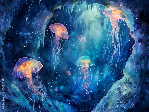 A vibrant underwater scene featuring glowing jellyfish surrounded by deep blue waters and shimmering light effects. photo