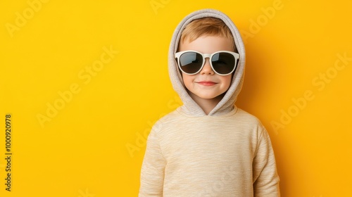 Cool Kid in Sunglasses and Hoodie Against Yellow Background