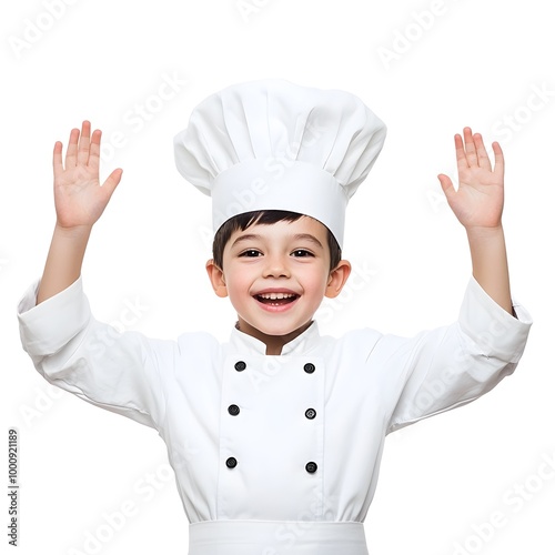 A vibrant and enthusiastic young child dressed in a chef's uniform, radiating joy and passion as they embrace the dream of a future culinary career. photo