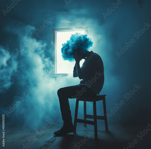 A surreal image of a man sitting with a cloud as his head in a dimly lit room, surrounded by mist and light, evoking feelings of introspection, creativity, and mystery.