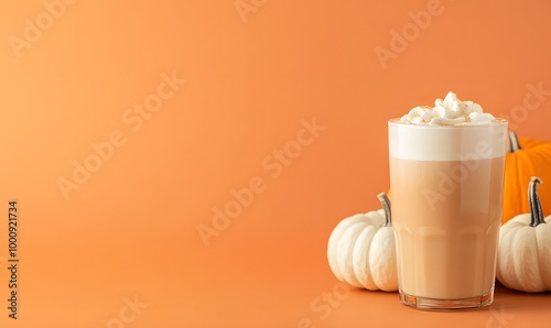 a glass of latte with big pumpkins and cut punpkins , Generative AI  photo