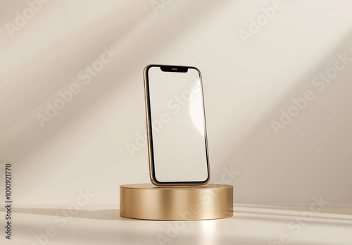 A sleek black smartphone displayed on a golden pedestal against a minimalistic white background, highlighting modern technology and elegant design.
