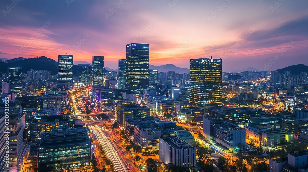 A panoramic view of a modern city skyline at dusk. A panoramic view of a modern city skyline at dusk.