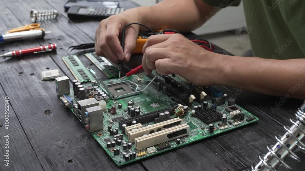 Technician carefully repairs a computer circuit board, using precision tools to address hardware issues. technical expertise needed for troubleshooting and upgrading electronic systems in workspace.
