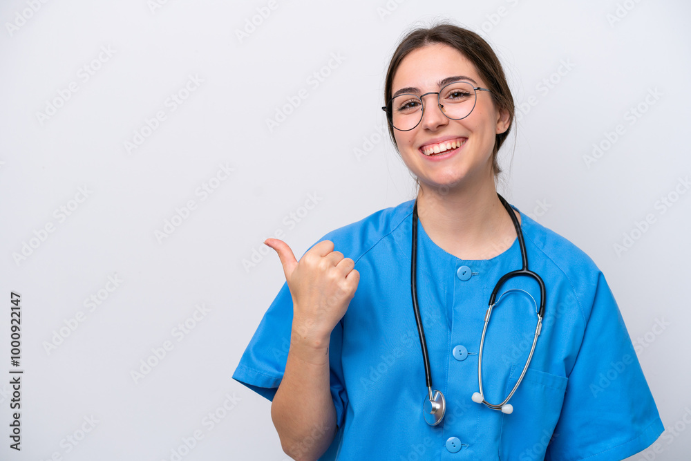 surgeon doctor woman holding tools isolated on white background pointing to the side to present a product surgeon doctor woman holding tools isolated on white background pointing to the side to present a product