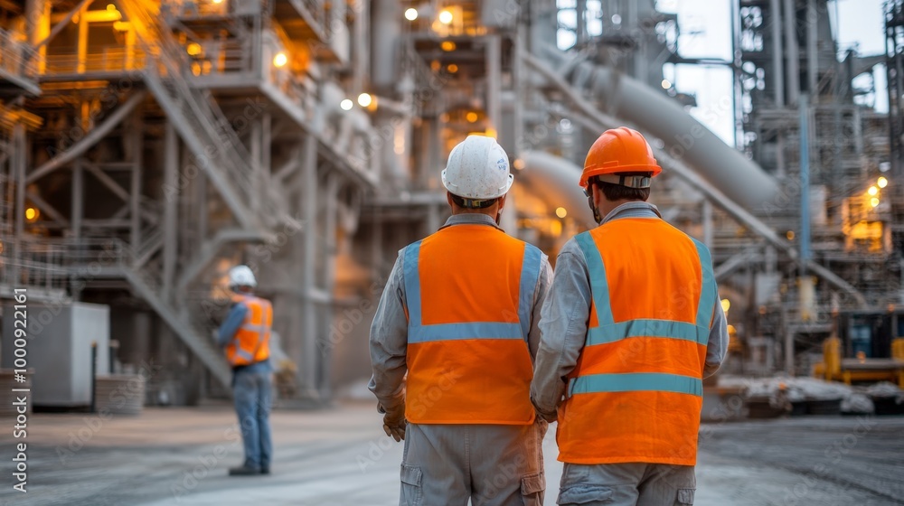Cement Factory Workers in Safety Gear Walk Through Expansive Industrial Complex Cement Factory Workers in Safety Gear Walk Through Expansive Industrial Complex