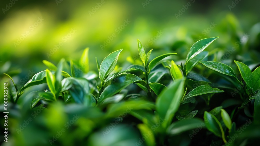 Obraz premium Close-up Macro Photography of Vibrant Green Tea Leaves, Capturing the Intricate Details and Freshness of Nature.