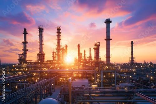 Vast oil refinery at dramatic sunset with towering distillation columns and pipelines stretching into the distance