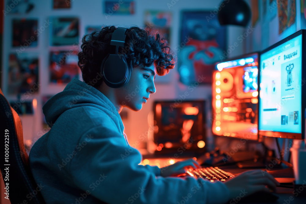 Focused Teen Gamer in Neon-Lit Room with Headphones and Dual Monitors, A teenage boy, deeply focused on gaming, wears headphones while using a dual monitor setup in a neon-lit gaming room Focused Teen Gamer in Neon-Lit Room with Headphones and Dual Monitors, A teenage boy, deeply focused on gaming, wears headphones while using a dual monitor setup in a neon-lit gaming room