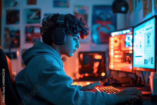 Focused Teen Gamer in Neon-Lit Room with Headphones and Dual Monitors, A teenage boy, deeply focused on gaming, wears headphones while using a dual monitor setup in a neon-lit gaming room