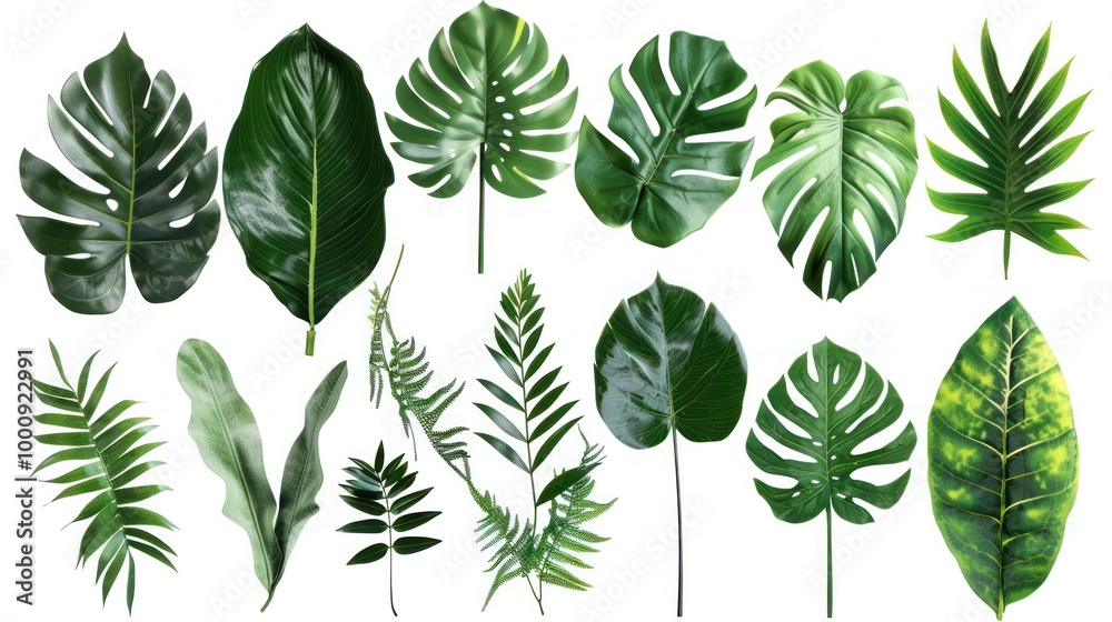 Lush green leaves in various shapes and sizes create vibrant and tropical atmosphere, perfect for enhancing any design or decor Lush green leaves in various shapes and sizes create vibrant and tropical atmosphere, perfect for enhancing any design or decor