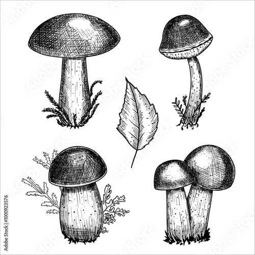 Set with edible mushrooms. Hand drawn vector illustration