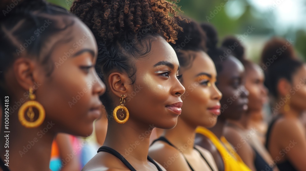 A group of black women standing in line at an outdoor event A group of black women standing in line at an outdoor event