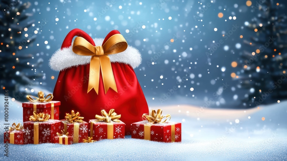 Christmas tree and Santa red bag in snowdrift,Realistic 3d design Xmas card decoration,gift box,fir branches, pine cones,Merry Christmas,Happy new year banner,Vector illustration. Christmas tree and Santa red bag in snowdrift,Realistic 3d design Xmas card decoration,gift box,fir branches, pine cones,Merry Christmas,Happy new year banner,Vector illustration.