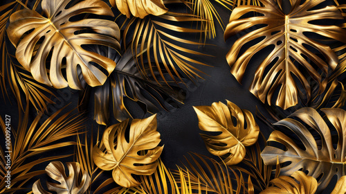 Golden tropical leaves create stunning backdrop, showcasing blend of black and gold hues. This elegant design adds touch of luxury and sophistication to any space