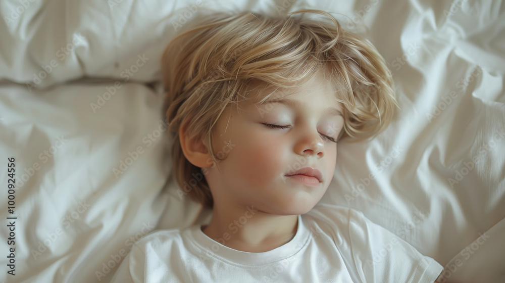 A little boy sleeping on the bed, white background, close-up shot of his face and head in profile view, wearing a white t-shirt with blonde hair, natural light A little boy sleeping on the bed, white background, close-up shot of his face and head in profile view, wearing a white t-shirt with blonde hair, natural light