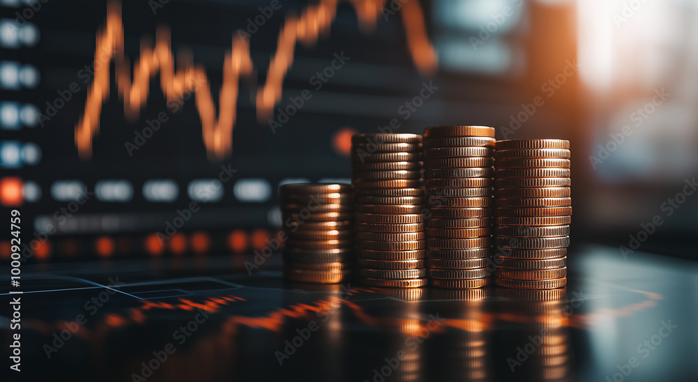 Gleaming stacks of golden coins stand tall against a blurred background of dynamic financial charts, symbolizing wealth, investment, and economic growth.
