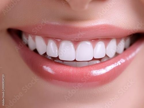 Close-up Photography of a Woman's Smile After a Smile Makeover, Revealing Perfectly Aligned White Teeth and Glossy Lips