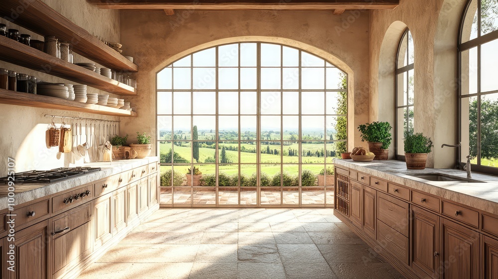 Fototapeta premium A luxurious Tuscan villa kitchen, with stone floors, marble countertops, and large windows framing views of the rolling countryside