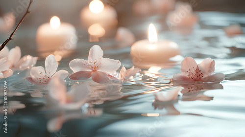 Rejuvenating spring bath with delicate pink and white flower petals and soft candlelight reflections
 photo