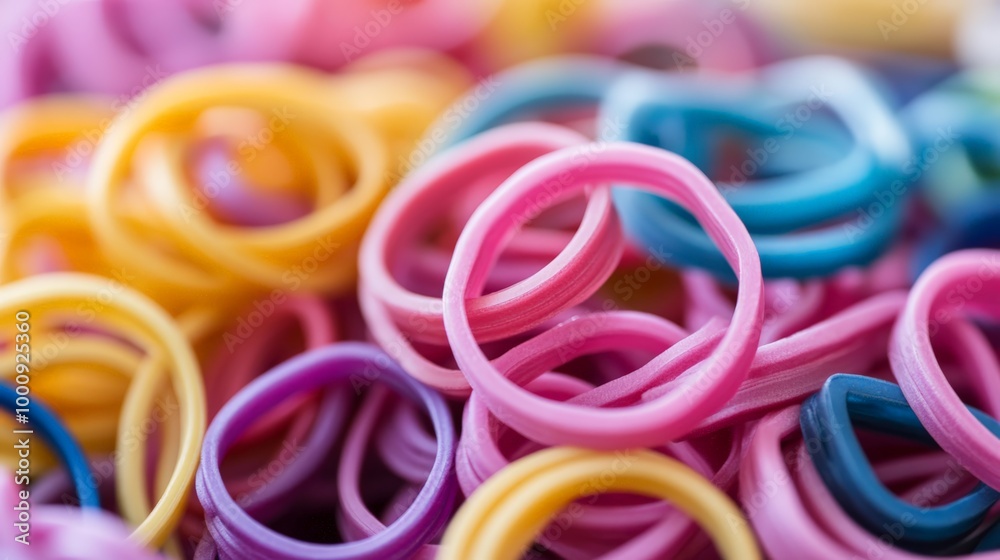 Colorful Rubber Bands in Close-Up, Displaying Various Colors and Textures, Creating a Playful and Vibrant Composition Colorful Rubber Bands in Close-Up, Displaying Various Colors and Textures, Creating a Playful and Vibrant Composition