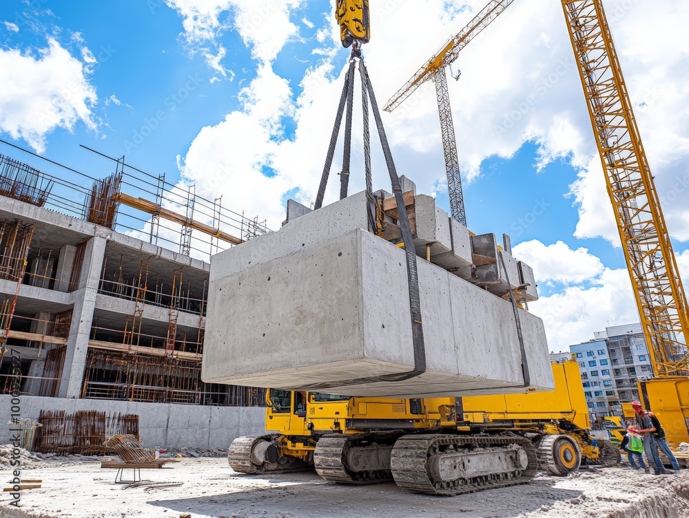 Concrete Block Being Lifted by Heavy Machinery at a Construction Site with Scaffolding and Cranes in the Background Concrete Block Being Lifted by Heavy Machinery at a Construction Site with Scaffolding and Cranes in the Background