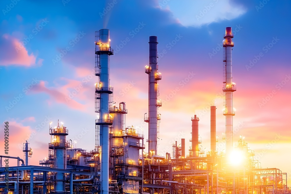 Obraz premium Majestic Oil Refinery at Dusk with Glowing Metallic Structures and Vibrant Sky. Showcasing the industrial might and technological prowess of the energy sector.