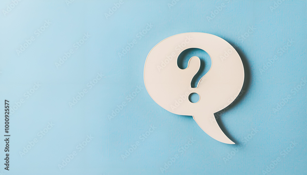 Paper speech bubble with question mark on light blue background, top view. Space for text