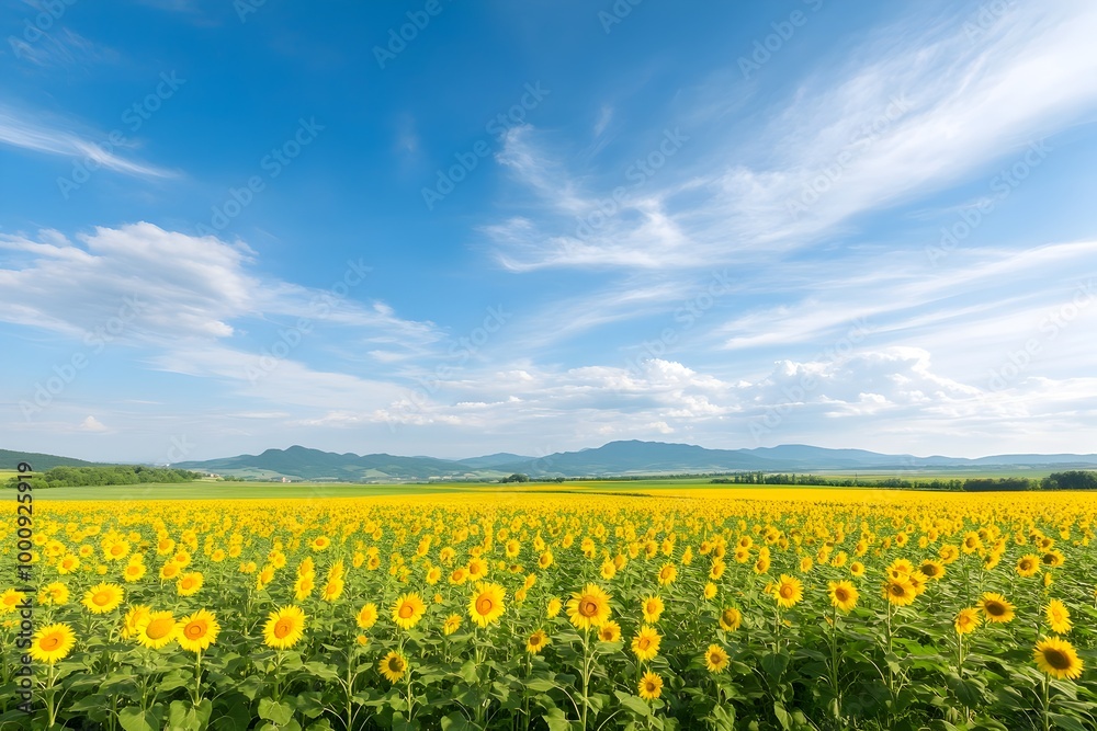 Panoramic View of a Sunflower Field in Full Bloom Stretching Towards the Horizon Under a Vibrant Blue Sky. Serene and Picturesque Rural Landscape with Lush Yellow Flowers in a Vast. Panoramic View of a Sunflower Field in Full Bloom Stretching Towards the Horizon Under a Vibrant Blue Sky. Serene and Picturesque Rural Landscape with Lush Yellow Flowers in a Vast.