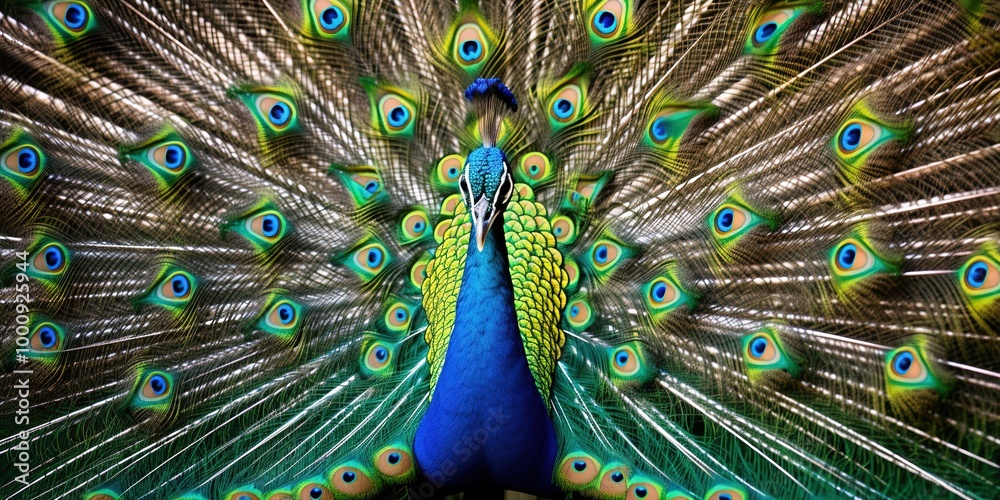 Fototapeta premium A beautiful peacock with its feathers spread out