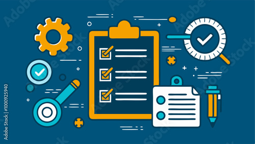 Clipboard icon. Checklist with gear, checkmarks, magnifier and pencil. Quality check line sign. Check List flat line icon. Form icon. Clipboard with gear technical support check list