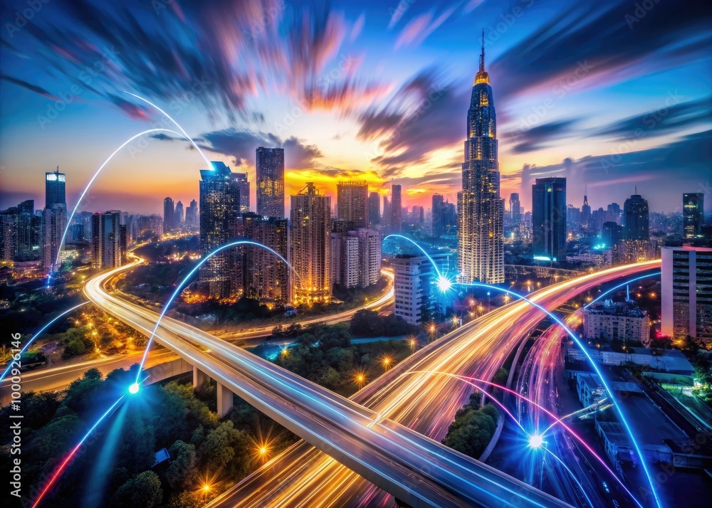 Fototapeta premium A blurred cityscape at dusk with neon lights and data streams swirling around a central hub, symbolizing high-speed digital data transfer and download activity.