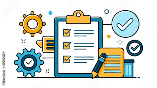 Clipboard icon. Checklist with gear, checkmarks, magnifier and pencil. Quality check line sign. Check List flat line icon. Form icon. Clipboard with gear technical support check list