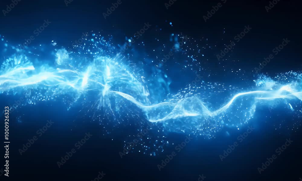 Electric blue light trails zipping across with bursts of glowing particles, on a dark backdrop.