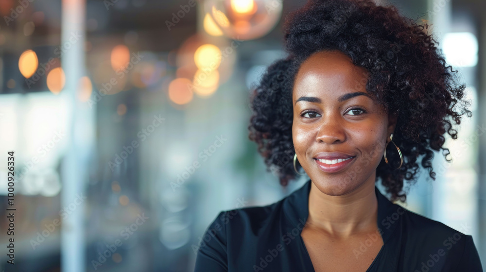 confident woman with curly hair smiles warmly in modern office setting, showcasing her professional demeanor and positive energy confident woman with curly hair smiles warmly in modern office setting, showcasing her professional demeanor and positive energy