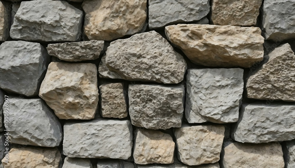 Textured stone wall made of various natural rocks in gray and beige tones Textured stone wall made of various natural rocks in gray and beige tones